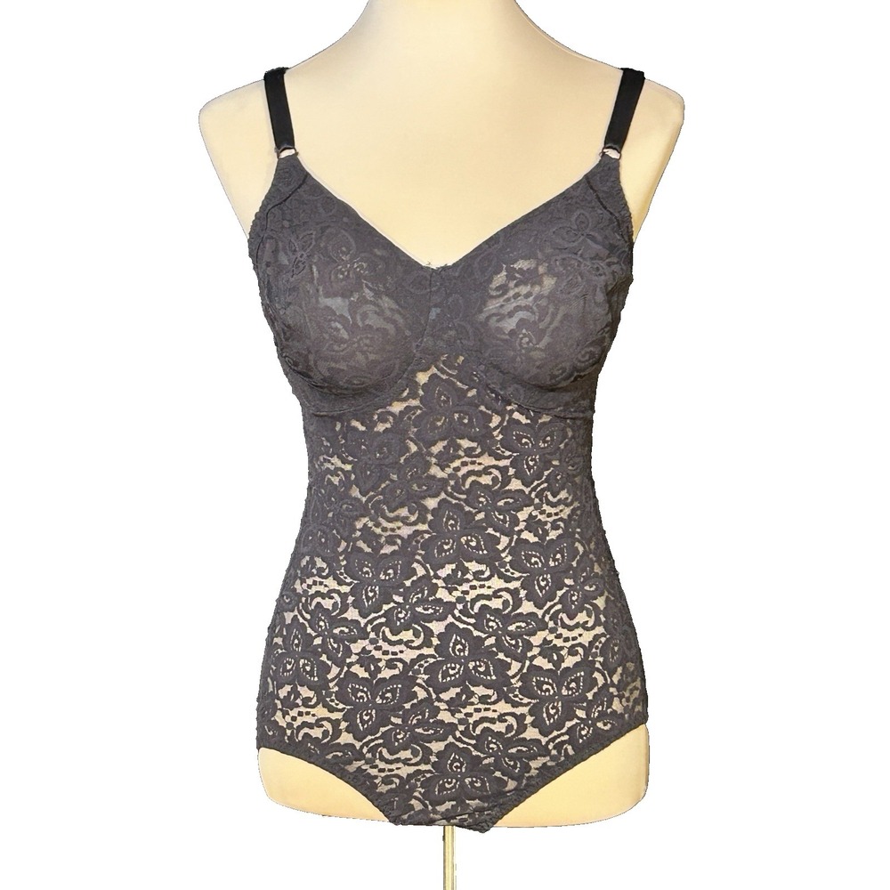 Vintage BALI  Black Sheer Lace Bodysuit Body Shaper 90s Y2K  36D